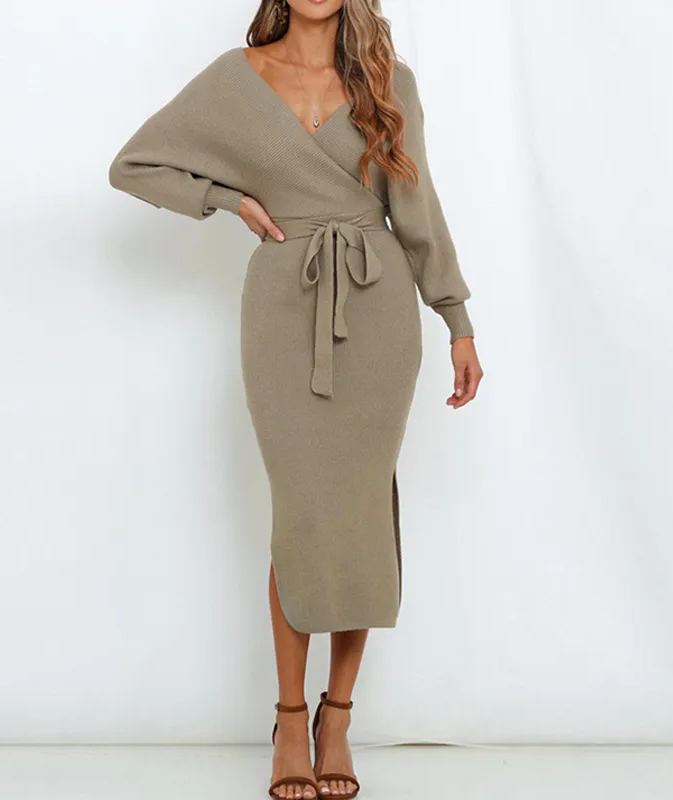 Women's Wrap V Neck Slit Sweater Dresses