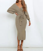 Women's Wrap V Neck Slit Sweater Dresses