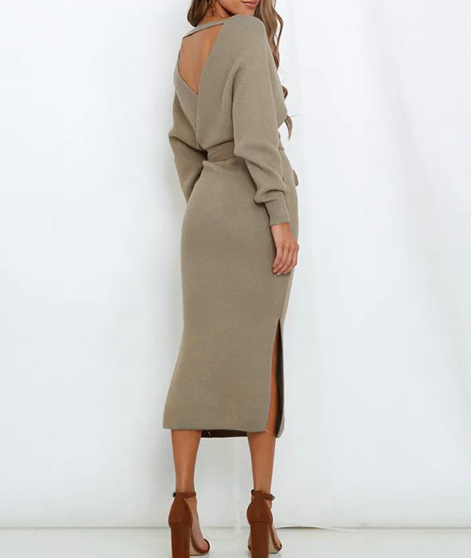 Women's Wrap V Neck Slit Sweater Dresses