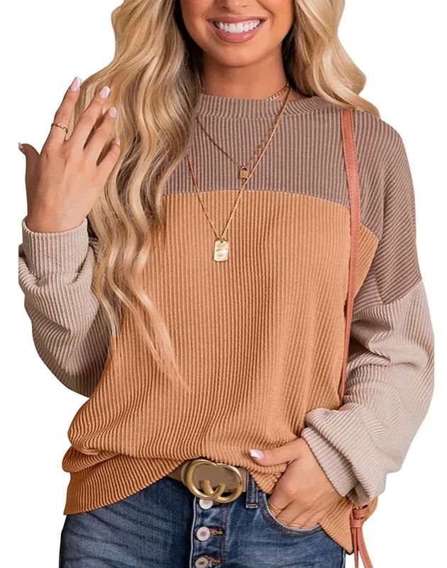 Women's Crewneck Color Block Ribbed Tops
