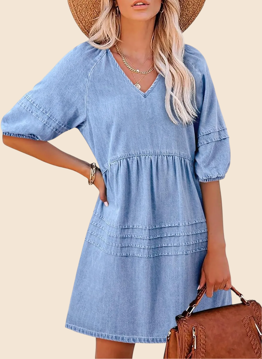 Women's V-Neck Denim Babydoll Dress