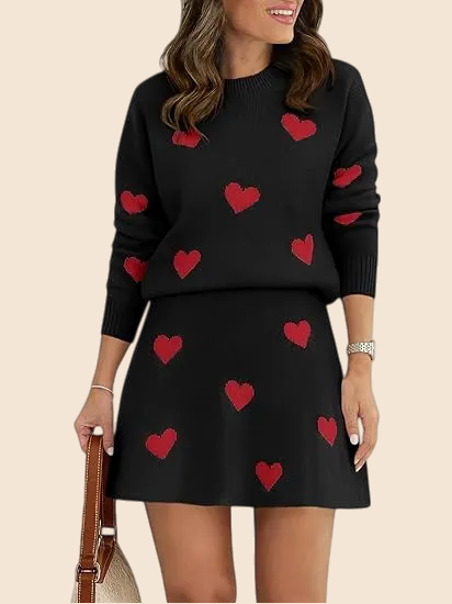 Women's Heart Sweater and Skirt Two Piece Set