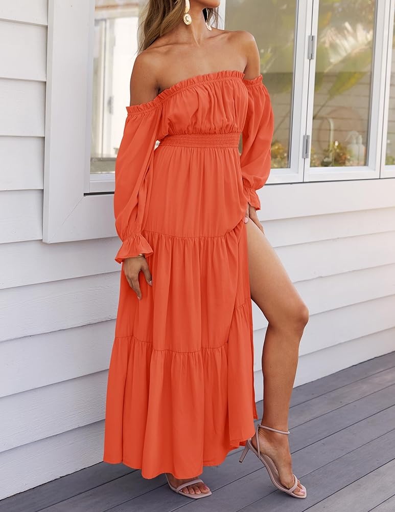 Women's Sexy Off Shoulder Side Split Flowy Maxi Dress