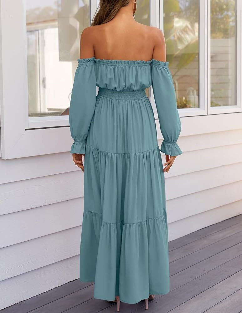 Women's Sexy Off Shoulder Side Split Flowy Maxi Dress