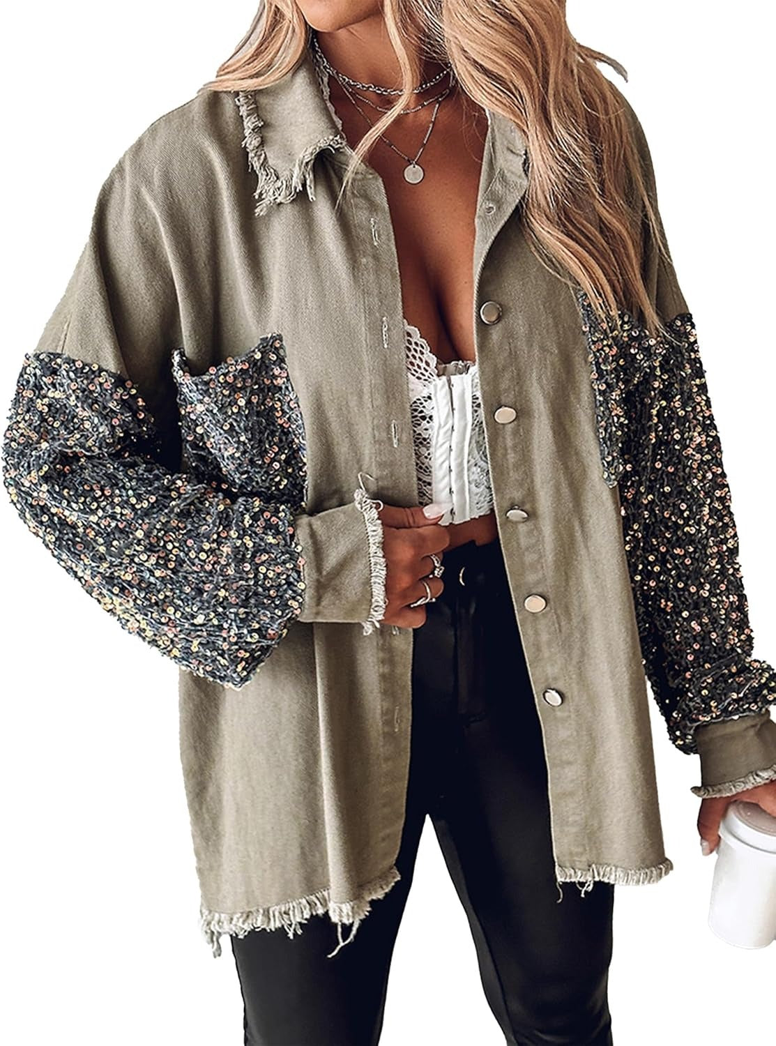 Women's Oversized Sequin Patchwork Denim Jacket