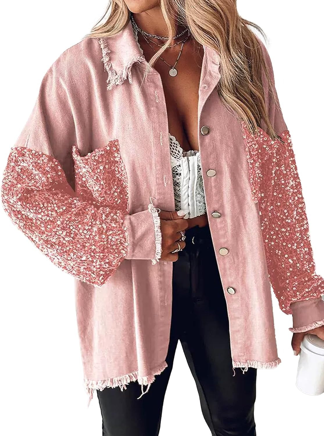 Women's Oversized Sequin Patchwork Denim Jacket
