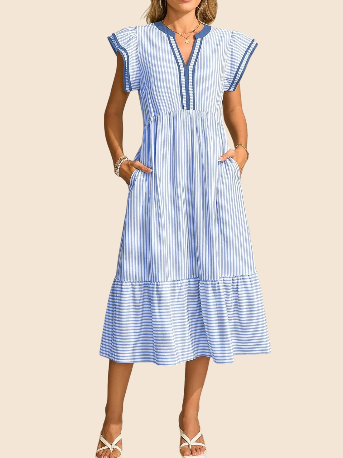 Women's Striped V-Neck Flutter Sleeve Long Dress