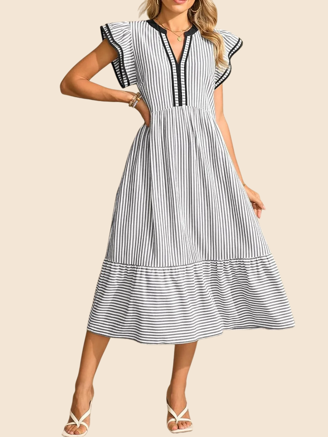 Women's Striped V-Neck Flutter Sleeve Long Dress