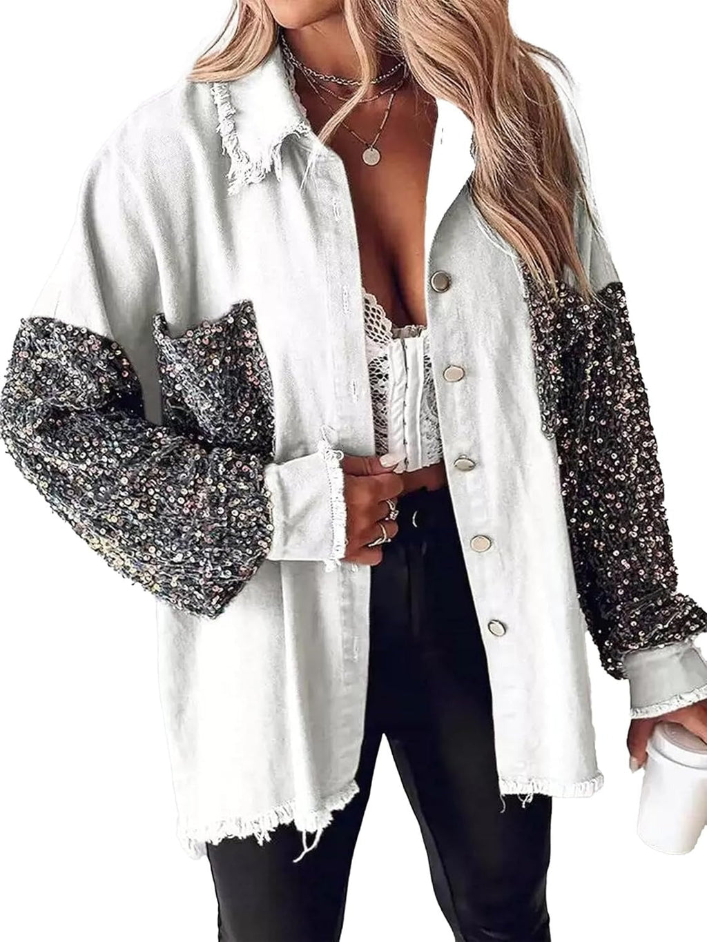 Women's Oversized Sequin Patchwork Denim Jacket