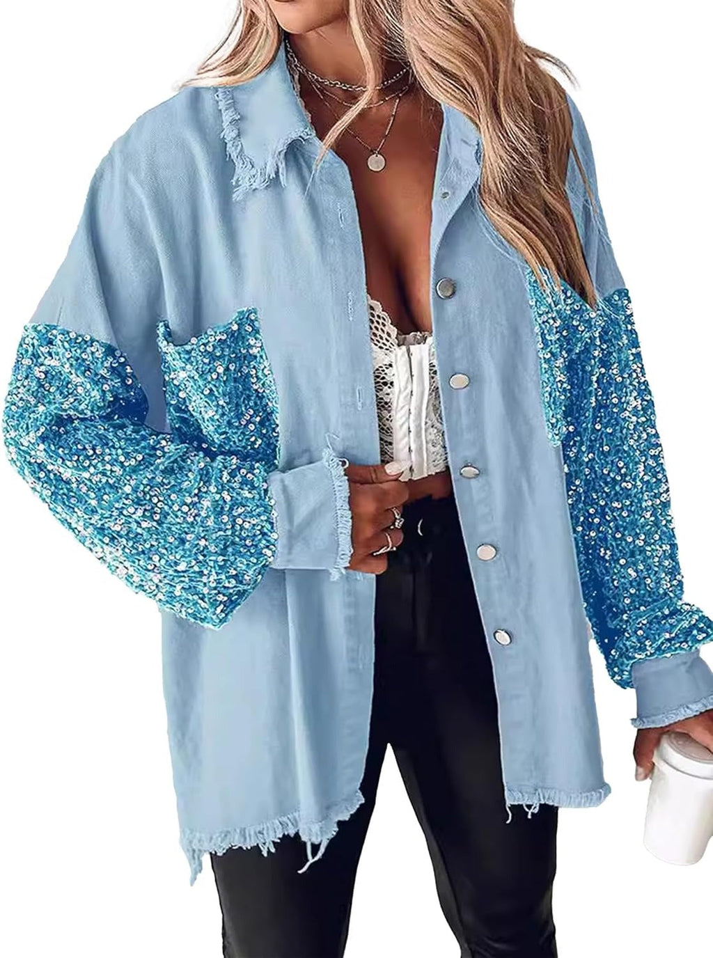 Women's Oversized Sequin Patchwork Denim Jacket